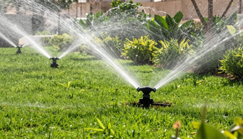 نظام ري يعمل في حديقة بالأحمدي خلال الصيف نظام ري يعمل في حديقة بالأحمدي خلال الصيف