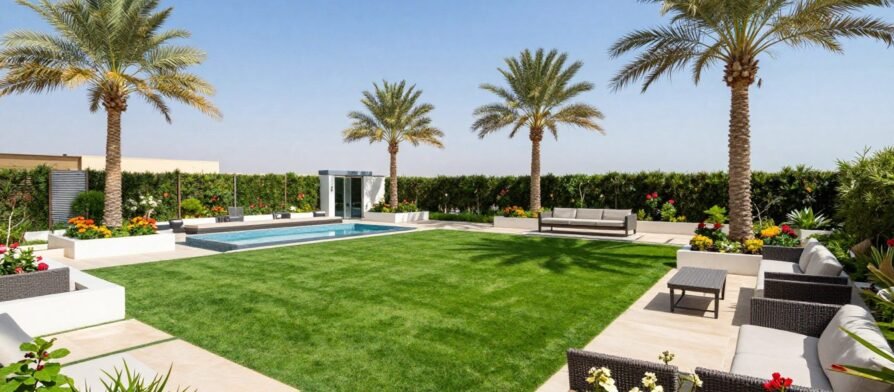 تنسيق حدائق الكويت مع تصميم عصري يظهر المساحات الخضراء والنباتات المتنوعة