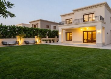 تنسيق حدائق الأحمدي مع عشب أخضر وجلسة خارجية