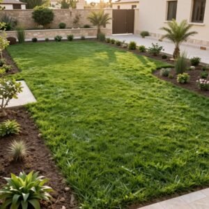عشب أخضر مع أحواض زراعة في حديقة بالكويت