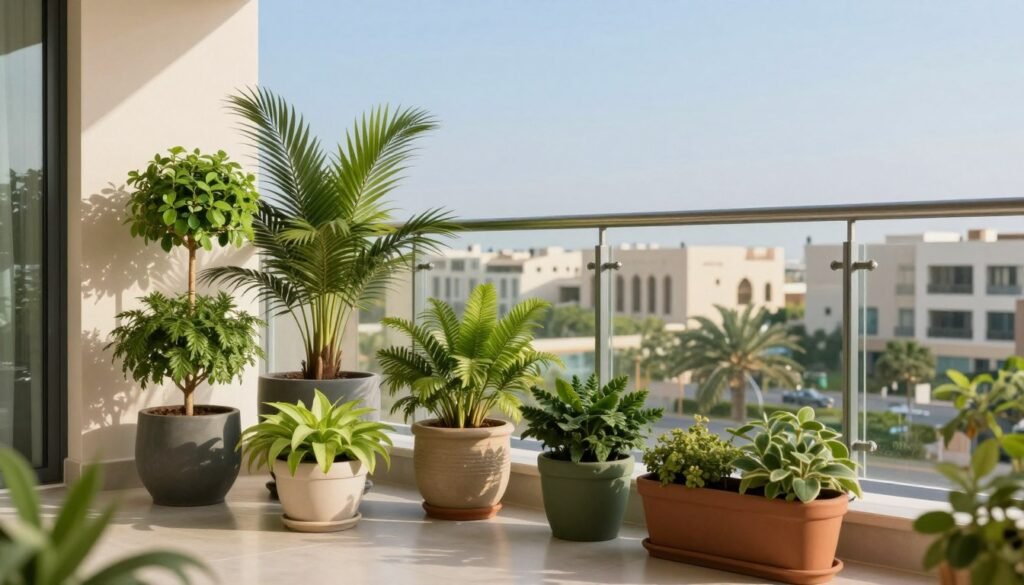 A beautifully designed balcony in Kuwait, showcasing a variety of agricultural planters on display. In the foreground, highlight vibrant green plants in well-arranged pots of different sizes and shapes, reflecting local flora. The middle ground features a sleek and modern balcony railing, made of glass and aluminum, providing a clear view of the surroundings. In the background, capture a glimpse of a clear blue sky and the unique architecture of Kuwaiti buildings. Soft, natural lighting enhances the lush green tones and adds warmth to the scene. The atmosphere is serene and inviting, symbolizing the harmony between urban living and nature. Include the brand name "99335258" subtly in the design without any text or overlays.