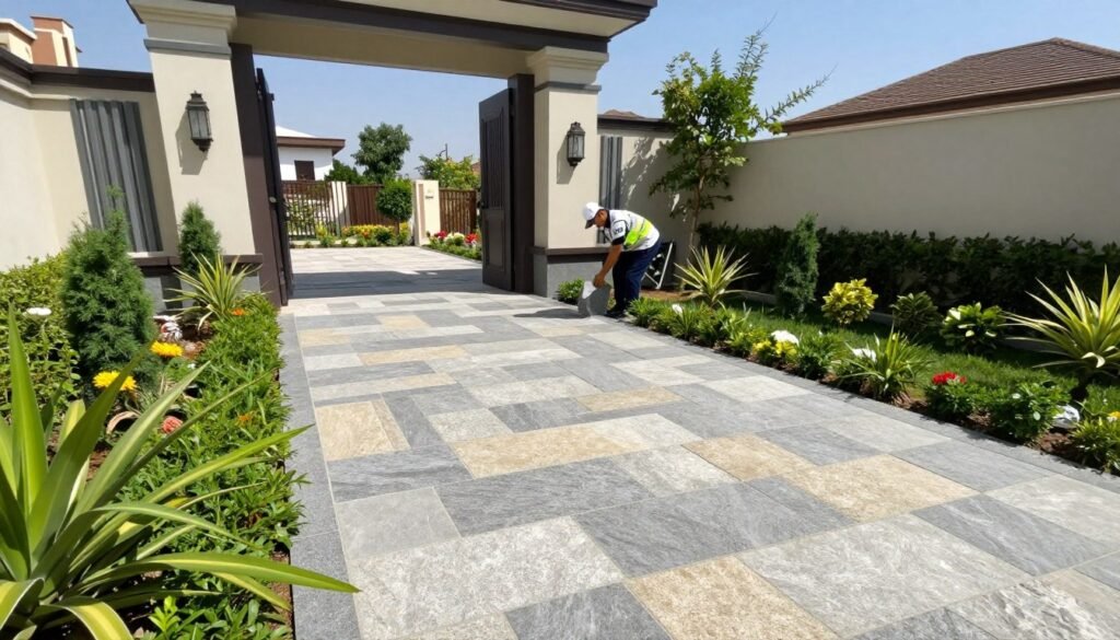 A beautifully landscaped entrance to a modern home in Kuwait, featuring freshly installed, high-quality كربستون stones arranged in a stylish pattern. In the foreground, showcase a pristine pathway made of grey and beige كربستون blocks, bordered by lush greenery and decorative plants. In the middle ground, a professional installer from the brand "99335258" adjusts the stones, dressed in a neat uniform, demonstrating attention to detail. The background reveals a clear blue sky and the outlines of neighboring houses, creating a warm, inviting atmosphere. The lighting is bright and natural, emphasizing the textures of the كربستون and the vibrancy of the garden. The angle is slightly elevated, providing a comprehensive view of the installation process while maintaining focus on the beautiful stonework.