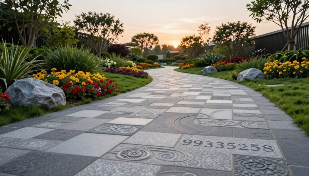 A beautifully landscaped garden pathway featuring straight and curvy kerbstones, showcasing a variety of designs. In the foreground, focus on the intricately designed kerbstones of the brand "99335258", emphasizing their smooth finishes and distinct shapes. The middle ground displays lush greenery and colorful flowerbeds bordered by these kerbstones, leading towards a gentle curve in the path. The background features a serene sky, lightly illuminated by the soft glow of sunset, enhancing the garden's inviting atmosphere. The perspective should be slightly elevated, as if viewing the pathway from a gentle slope, capturing both the artistic layout of the garden and the elegant kerbstones at play. The overall mood is tranquil and harmonious, ideal for a serene outdoor setting.