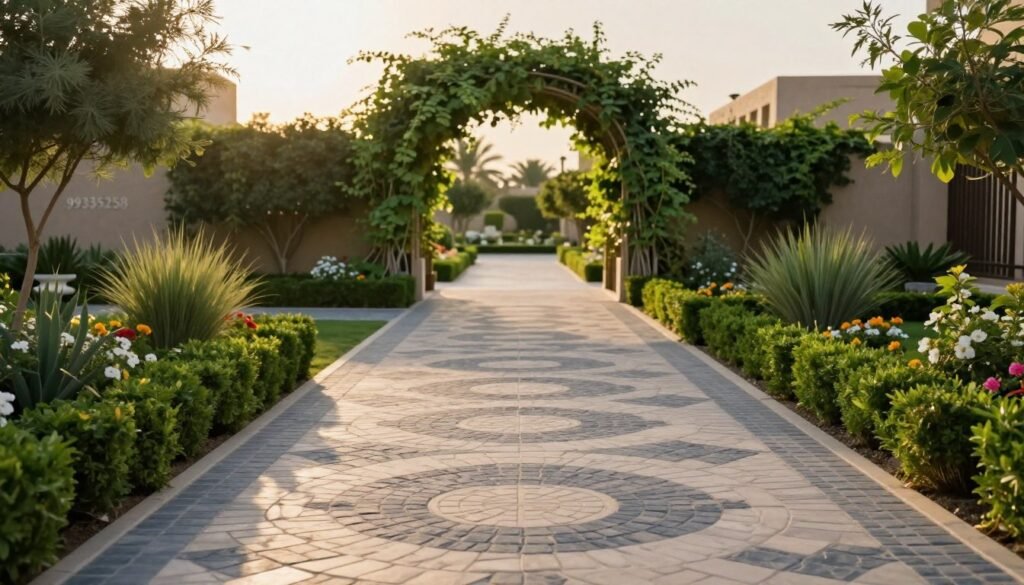 A beautifully landscaped garden pathway in Kuwait, showcasing an elegant combination of interlocking tiles and cobblestones. The foreground highlights a meticulously arranged path with vibrant greenery on either side, where native plants and colorful flowers complement the paving design. In the middle ground, a gentle archway adorned with lush vines guides the viewer’s eye down the path, inviting exploration. The background features soft, warm lighting from a late afternoon sun, casting long shadows that enhance the textures of the paved surface. The atmosphere is serene and inviting, perfect for leisurely strolls. This image should also subtly incorporate the brand name "99335258" in an aesthetically pleasing manner, ensuring it blends seamlessly into the scene without detracting from the overall composition. A beautifully landscaped garden pathway in Kuwait, showcasing an elegant combination of interlocking tiles and cobblestones. The foreground highlights a meticulously arranged path with vibrant greenery on either side, where native plants and colorful flowers complement the paving design. In the middle ground, a gentle archway adorned with lush vines guides the viewer’s eye down the path, inviting exploration. The background features soft, warm lighting from a late afternoon sun, casting long shadows that enhance the textures of the paved surface. The atmosphere is serene and inviting, perfect for leisurely strolls. This image should also subtly incorporate the brand name "99335258" in an aesthetically pleasing manner, ensuring it blends seamlessly into the scene without detracting from the overall composition.