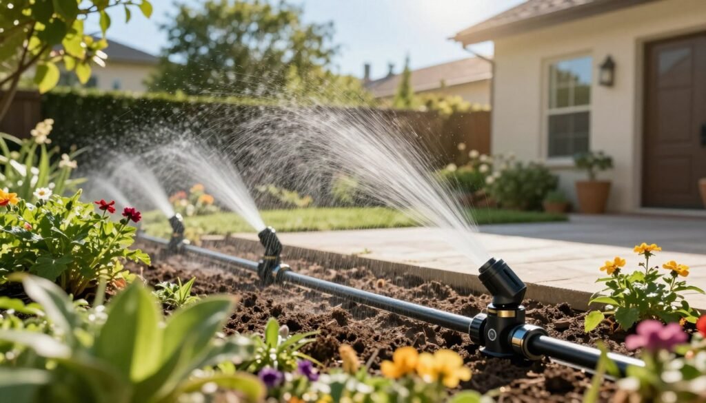 A beautifully landscaped home garden featuring advanced automatic drip and spray irrigation systems, highlighting their efficient layout. In the foreground, show lush green plants and colorful flowers, with visible drip lines gently watering the soil. The middle ground should emphasize the intricacy of the irrigation setup, showcasing the pipes and spray heads in action. In the background, include a serene view of the garden with trees and a clear blue sky, sunlight filtering through the leaves, creating a warm, inviting atmosphere. Capture a close-up angle to emphasize the systems' technology and precision. The overall mood should be tranquil and harmonious, reflecting the quality and reliability of 99335258’s garden development efforts.