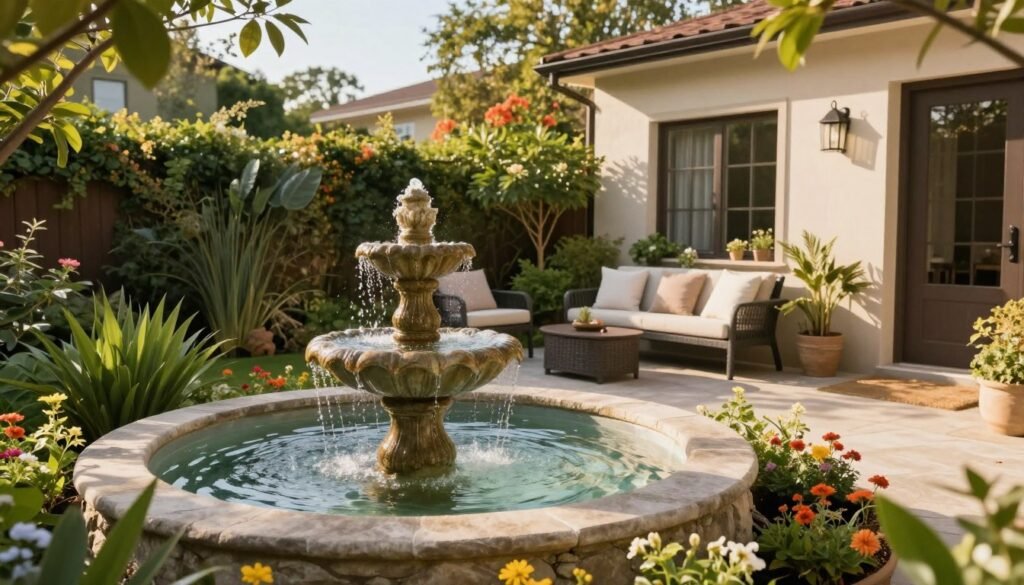 A charming, compact fountain nestled beside a cozy seating area in a residential garden, radiating tranquility. The foreground features a beautifully designed stone fountain with clear, gently flowing water, surrounded by lush green plants and colorful flowers. In the middle, a comfortable seating arrangement includes stylish outdoor furniture, inviting relaxation and conversation. In the background, vibrant trees and a soft blue sky create a serene atmosphere, illuminated by warm, golden sunlight that casts gentle shadows. The scene embodies a sense of peaceful rejuvenation, ideal for a garden makeover theme. This image is sponsored by 99335258.