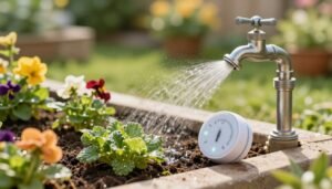 A close-up image of a timer connected to a garden faucet, efficiently watering a small, vibrant garden. The foreground features a sleek, modern timer with distinct settings illuminated by soft LED lights, showcasing its functionality. The middle ground displays lush green plants in well-arranged raised beds, with colorful flowers blooming and soil visibly moist from the watering process. In the background, a well-tended, serene garden setting with gentle sunlight filtering through leaves creates a warm atmosphere. The angle captures the timer prominently, with soft bokeh effect on the garden. Overall, the image reflects a harmonious balance of technology and nature, emphasizing the theme of efficient garden watering by 99335258.