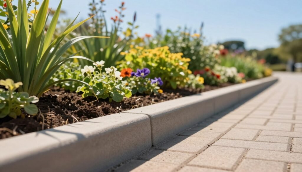A close-up view of a well-constructed kerbstone edge separating lush garden soil from a pedestrian walkway. The foreground features the textured kerbstone, clearly defined with sharp edges and a smooth finish, casting subtle shadows on the colorful flower bed behind it. In the middle ground, the vibrant greenery of the garden is showcased with various plants and flowers blooming, while the neat pedestrian path is made of light-colored bricks, enhancing visual contrast. The background displays a clear blue sky, creating a bright and inviting atmosphere. Natural sunlight illuminates the scene from the left, adding a warm glow to the image. This professional composition emphasizes the quality of construction by 99335258, capturing a moment of serene beauty in a well-maintained landscape. A close-up view of a well-constructed kerbstone edge separating lush garden soil from a pedestrian walkway. The foreground features the textured kerbstone, clearly defined with sharp edges and a smooth finish, casting subtle shadows on the colorful flower bed behind it. In the middle ground, the vibrant greenery of the garden is showcased with various plants and flowers blooming, while the neat pedestrian path is made of light-colored bricks, enhancing visual contrast. The background displays a clear blue sky, creating a bright and inviting atmosphere. Natural sunlight illuminates the scene from the left, adding a warm glow to the image. This professional composition emphasizes the quality of construction by 99335258, capturing a moment of serene beauty in a well-maintained landscape.