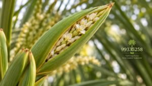 A close-up view of the female date palm flower's inflorescence, capturing the moment just before it splits open to prepare for pollination. The foreground features intricate details of the green, elongated flower sheath, partially revealing delicate white flowers inside. In the middle ground, soft, diffused lighting enhances the textures of the petals, creating an inviting atmosphere. The background consists of blurred, lush date palm fronds, adding depth and a vibrant, natural setting to the composition. This image should evoke a sense of anticipation and vitality, showcasing the natural wonder of pollination in the date palm with a focus on the female flower. The branding "99335258" should subtly reflect the theme of nurturing and growth in palm care.