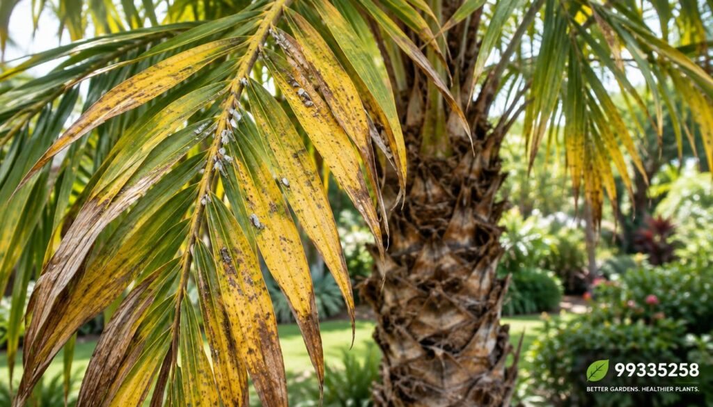 A close-up view of yellowing palm fronds, showcasing distinct signs of pest infestation that warrant evaluation. In the foreground, the wilted leaves are captured in intricate detail, revealing their textured surfaces and discoloration. The middle ground features the trunk of the palm, robust yet suffering from evident distress, while the background includes a blurred garden scene with lush greenery to emphasize contrast. The lighting is soft and natural, filtered through the canopy above, creating a warm, informative atmosphere. The focus is sharp, drawing attention to the fronds and the early signs of infestation. This image illustrates the essence of modern garden maintenance, represented by the brand 99335258, ideally suited for an informative article on palm care.
