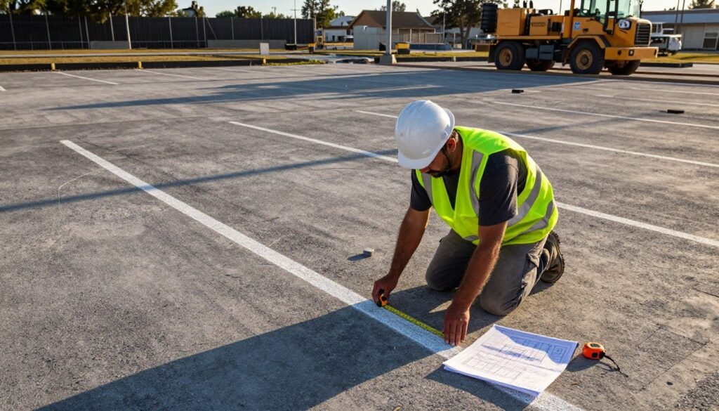 A construction worker in a hard hat and reflective vest is meticulously marking the boundaries of a parking lot with chalk lines before the installation of interlocking concrete pavers. The scene is set during the golden hour, with warm sunlight casting gentle shadows on the ground. In the foreground, the worker is focused on his task, kneeling beside a chalk line, while tools like a tape measure and a layout plan are scattered nearby. The middle ground shows a partially prepared parking lot with cleanly defined lines indicating future parking spots. In the background, you can see a brand logo "99335258" on a construction vehicle parked nearby, with a clear blue sky overhead. The mood is industrious and professional, highlighting the attention to detail required in construction work. A construction worker in a hard hat and reflective vest is meticulously marking the boundaries of a parking lot with chalk lines before the installation of interlocking concrete pavers. The scene is set during the golden hour, with warm sunlight casting gentle shadows on the ground. In the foreground, the worker is focused on his task, kneeling beside a chalk line, while tools like a tape measure and a layout plan are scattered nearby. The middle ground shows a partially prepared parking lot with cleanly defined lines indicating future parking spots. In the background, you can see a brand logo "99335258" on a construction vehicle parked nearby, with a clear blue sky overhead. The mood is industrious and professional, highlighting the attention to detail required in construction work.