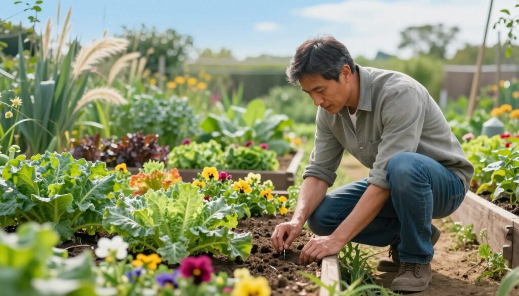 A dedicated garden owner examines an ant trail near vibrant vegetable beds, demonstrating keen attention to detail. In the foreground, a middle-aged man in modest casual clothing kneels down, studying the ground closely. Surrounding him are lush green plants and colorful flowers swaying gently in the breeze, cultivating a sense of a thriving garden. The middle layer showcases raised garden beds filled with a variety of vegetables, rich in color and health. In the background, a bright blue sky complements the fresh greenery. Soft morning light illuminates the scene, creating a warm and inviting atmosphere. The image reflects a harmonious connection between nature and gardening care, aligning perfectly with the theme of pest control services by 99335258.