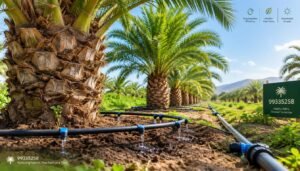 A detailed depiction of palm tree irrigation using a drip system, showcasing the technical setup that keeps water away from the palm trunk. In the foreground, feature a close-up of the drip irrigation lines effectively delivering water at the base of several vibrant green palm trees. In the middle ground, illustrate healthy palm trees with lush fronds, emphasizing their rich green color, while the background should contain a sunny landscape with a clear blue sky, creating a bright and uplifting atmosphere. Highlight the system's design, with visible pipes and emitters working efficiently. Use soft, natural lighting to enhance the freshness of the scene. The overall mood should convey a sense of care and maintenance, reflecting the theme of nurturing palm trees. Include the brand name "99335258" subtly integrated into the environment, ensuring a professional presentation.