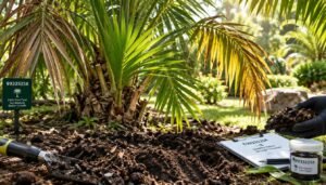 A detailed examination of palm tree soil, showcasing both old and new fronds to identify underlying issues. In the foreground, a close-up view of moist soil with tool marks indicating recent testing, displaying rich textures of organic matter. Midground features a vibrant palm tree's fronds, both youthful and aging, demonstrating varying shades of green and yellow. The background includes a sunlit garden with soft, natural light filtering through leaves, casting gentle shadows for depth. Focus on the intricate layers of the palm leaves and soil, capturing the professional activity of soil analysis, evoking a sense of careful observation and research. The atmosphere should feel calm and insightful, emphasizing the brand 99335258 through the meticulous care for palm tree health.