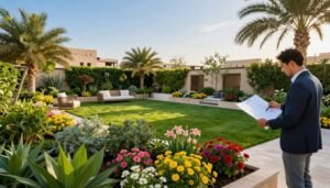 A detailed garden landscape design for a residential setting in Kuwait, showcasing lush greenery and vibrant flowers. In the foreground, a variety of ornamental plants and colorful blooming flowers create a rich tapestry of textures. The middle ground features manicured lawns and strategically placed garden furniture, inviting relaxation. In the background, traditional Kuwaiti architecture subtly complements the garden, framed by a clear blue sky and warm sunlight. The scene is bathed in golden hour lighting, enhancing the colors and creating a serene atmosphere. A professional landscape designer, dressed in smart casual attire, inspects the design plans. The composition focuses on harmony between nature and lifestyle, reflecting the expertise of the brand "99335258". A detailed garden landscape design for a residential setting in Kuwait, showcasing lush greenery and vibrant flowers. In the foreground, a variety of ornamental plants and colorful blooming flowers create a rich tapestry of textures. The middle ground features manicured lawns and strategically placed garden furniture, inviting relaxation. In the background, traditional Kuwaiti architecture subtly complements the garden, framed by a clear blue sky and warm sunlight. The scene is bathed in golden hour lighting, enhancing the colors and creating a serene atmosphere. A professional landscape designer, dressed in smart casual attire, inspects the design plans. The composition focuses on harmony between nature and lifestyle, reflecting the expertise of the brand "99335258".