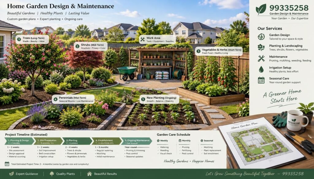 A detailed layout of a home garden design, showcasing work areas and estimated project timelines, illuminated by soft, natural lighting. In the foreground, include well-defined garden beds with a variety of trees and shrubs strategically placed, alongside labeled sections indicating different stages of planting and maintenance. The middle ground features tools and equipment arranged neatly, symbolizing a workspace ready for gardening. In the background, a serene neighborhood setting with well-kept homes and bright blue skies enhances the atmosphere. The overall mood is professional and inviting, reflecting the expertise of "99335258" in garden design and maintenance. The composition should focus on clarity and organization to effectively illustrate the concept of a home gardening plan.