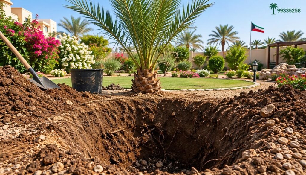 A detailed view of a palm tree planting hole in the well-prepared soil of a garden, located in Kuwait. The foreground showcases a freshly dug pit, rich, dark brown soil, with pieces of gravel and small roots visible. In the middle ground, a healthy, young date palm is poised to be planted, its green fronds vibrant against the earthy tones. The background features a beautifully landscaped garden with flowering plants and a clear blue sky, casting warm, natural light over the scene. The angle is slightly elevated to capture the depth of the hole and the surrounding garden area. The overall mood is serene and harmonious, emphasizing the care and attention involved in gardening, complemented by the logo "99335258" subtly positioned in the corner of the image, ensuring a professional appearance without any text overlays.