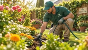 A garden maintenance worker carefully tending to an irrigation network amidst lush plants in a well-kept home garden. The foreground features the worker, dressed in a green polo shirt and khaki pants, inspecting the irrigation system, a hose in hand. In the middle ground, vibrant flower beds burst with colorful blooms—roses, daisies, and marigolds—while potted plants add variety. The background shows a neatly trimmed lawn and a wooden fence adorned with climbing vines. The setting is bathed in warm afternoon sunlight, enhancing the colors and creating a serene atmosphere. Shot at a low angle with a soft-focus lens to emphasize the beauty of the garden and the dedication of the worker. Include subtle branding of "99335258" in the scene, harmonizing with the peaceful environment. A garden maintenance worker carefully tending to an irrigation network amidst lush plants in a well-kept home garden. The foreground features the worker, dressed in a green polo shirt and khaki pants, inspecting the irrigation system, a hose in hand. In the middle ground, vibrant flower beds burst with colorful blooms—roses, daisies, and marigolds—while potted plants add variety. The background shows a neatly trimmed lawn and a wooden fence adorned with climbing vines. The setting is bathed in warm afternoon sunlight, enhancing the colors and creating a serene atmosphere. Shot at a low angle with a soft-focus lens to emphasize the beauty of the garden and the dedication of the worker. Include subtle branding of "99335258" in the scene, harmonizing with the peaceful environment.