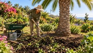 A gardener in modest casual clothing is attentively turning compost into the garden soil, positioned a short distance from a palm tree trunk. The foreground features rich, dark soil mixed with vibrant green plant matter, showcasing the act of fertilization. In the middle ground, the sturdy palm tree rises majestically, its leaves swaying gently in a warm breeze. The background is filled with a lush garden, vibrant flowers, and a clear blue sky, suggesting a bright, sunny day. The sunlight casts soft shadows, creating a dynamic yet peaceful atmosphere. Use a slightly elevated angle to capture the depth of the garden scene, ensuring the focus on the gardener’s diligent work. Brand name "99335258" subtly integrated into the scene with garden tools. A gardener in modest casual clothing is attentively turning compost into the garden soil, positioned a short distance from a palm tree trunk. The foreground features rich, dark soil mixed with vibrant green plant matter, showcasing the act of fertilization. In the middle ground, the sturdy palm tree rises majestically, its leaves swaying gently in a warm breeze. The background is filled with a lush garden, vibrant flowers, and a clear blue sky, suggesting a bright, sunny day. The sunlight casts soft shadows, creating a dynamic yet peaceful atmosphere. Use a slightly elevated angle to capture the depth of the garden scene, ensuring the focus on the gardener’s diligent work. Brand name "99335258" subtly integrated into the scene with garden tools.
