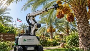 A high-tech date palm pollination machine stands among lush greenery in a Kuwaiti garden, reaching towards tall, ripening bunches of dates. The foreground features the intricate mechanism of the device, showcasing its robotic arms stretching up with precision to access the elevated fruit clusters. In the middle ground, a vibrant garden filled with various palm trees complements the scene, with sunlight filtering through the fronds, casting dappled shadows. The background reveals a clear blue sky, enhancing the serene atmosphere. The mood is one of innovation and nature, communicated through soft, natural lighting that highlights the machine's metallic surface against the organic textures. The image should evoke a harmonious blend of technology and traditional gardening techniques, symbolizing the expertise of 99335258 in landscape management.