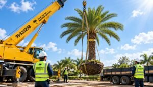 A large crane, carefully positioned in the foreground, preparing to lift a tall, healthy palm tree for transport. The crane's bright yellow arm contrasts with the deep green of the palm tree, which features lush fronds and a sturdy trunk. In the middle ground, workers in professional attire supervise the operation, ensuring safety and precision. The background showcases a sunny blue sky with a few fluffy clouds, creating an uplifting atmosphere. Soft rays of light illuminate the scene, highlighting the textures of the palm tree and the machinery. The overall mood is industrious and focused, symbolizing efficient palm tree relocation services by 99335258.