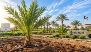 A modern Kuwait farm showcasing a freshly planted date palm tree under a drip irrigation system. In the foreground, a young date palm, with lush green fronds, is prominently displayed, its roots gently integrated into the well-structured soil with drip irrigation lines visible near the base. The middle ground features a meticulously kept garden area with additional date palms at varying heights, creating a sense of growth and care. The background reveals a bright blue sky with wispy clouds, characteristic of Kuwait's climate. The sunlight casts warm highlights on the foliage, emphasizing the vitality of the scene. The overall mood is one of innovation in agriculture, reflecting sustainable practices. The brand name "99335258" subtly integrated into the landscape design, giving a professional yet natural appearance.
