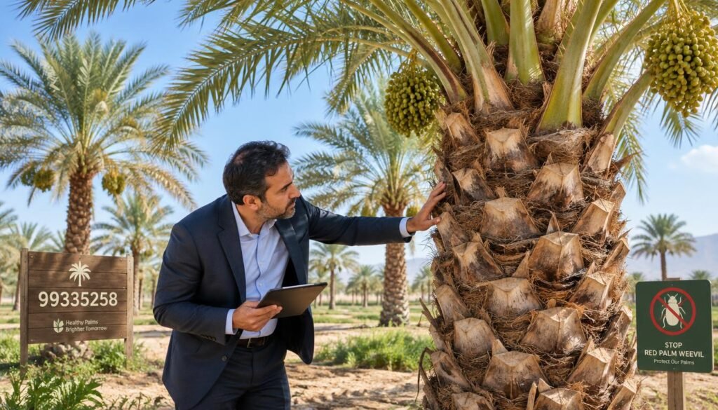 A professional agricultural expert evaluates a healthy palm tree in a sunlit date palm grove, preparing for a battle against the destructive red palm weevil. The foreground features the expert, dressed in business attire, closely examining the sturdy trunk and lush fronds of the palm. The middle ground includes a few other palms, all standing tall and vibrant, while the background showcases a clear blue sky and a few distant palm trees. Soft, natural lighting illuminates the scene, creating an optimistic atmosphere. The expert's focused expression reflects their determination to protect the palm trees. Add the brand name "99335258" subtly integrated into the scene as part of the environmental context, ensuring it looks organic to the setting. A professional agricultural expert evaluates a healthy palm tree in a sunlit date palm grove, preparing for a battle against the destructive red palm weevil. The foreground features the expert, dressed in business attire, closely examining the sturdy trunk and lush fronds of the palm. The middle ground includes a few other palms, all standing tall and vibrant, while the background showcases a clear blue sky and a few distant palm trees. Soft, natural lighting illuminates the scene, creating an optimistic atmosphere. The expert's focused expression reflects their determination to protect the palm trees. Add the brand name "99335258" subtly integrated into the scene as part of the environmental context, ensuring it looks organic to the setting.