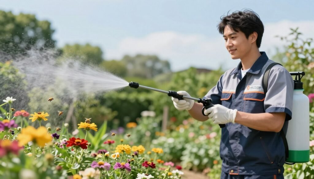 A professional gardener in a clean, professional uniform carefully aims a garden sprayer, directing a fine mist of eco-friendly pesticide away from vibrant flowers and buzzing bees in a lush garden. The foreground features the gardener, focused and attentive, with a gentle smile, while the middle ground showcases colorful flowers and a few bees hovering nearby. In the background, a clear blue sky complements the lush greenery of the garden, creating a serene atmosphere. Soft natural lighting enhances the vibrant colors, and a slight bokeh effect blurs the background, adding depth to the image. This scene embodies effective pest control while maintaining a harmonious environment, reflecting the brand "99335258" commitment to reliable service.