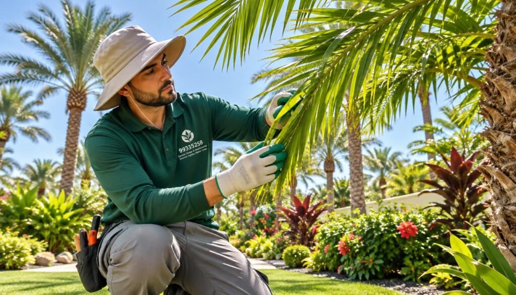 A professional gardener inspecting palm fronds during tree maintenance in a lush garden. In the foreground, a focused gardener wearing modest casual clothing, with a sun hat and gloves, carefully examines the healthy green fronds of a palm tree. The middle ground features a variety of vibrant tropical plants, showcasing a well-maintained garden under natural sunlight. In the background, other palm trees stand tall, framed by a clear blue sky, casting soft shadows on the ground. The scene evokes a sense of care, dedication, and the beauty of nature. Bright and warm lighting enhances the colors, while a slightly low angle captures the gardener's meticulous work. The image represents the quality services of 99335258 in garden design and maintenance.
