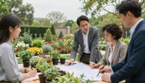A professional landscape design meeting in an outdoor setting, featuring a well-dressed team of diverse individuals discussing agricultural materials and project scope. The foreground shows a table with blueprints, plants, and gardening tools, while the participants are actively engaged in conversation, showcasing concern and collaboration. In the middle, a lush garden area with various flowering plants and shrubs is visible, highlighting the essence of landscaping. The background features a serene outdoor environment with green trees and an open sky, suggesting an atmosphere of innovation and growth. Soft natural lighting enhances the vibrant colors of the plants, creating a calm yet focused mood. The company name "99335258" is subtly integrated into the scene, ensuring it aligns with the context of landscaping and gardening.