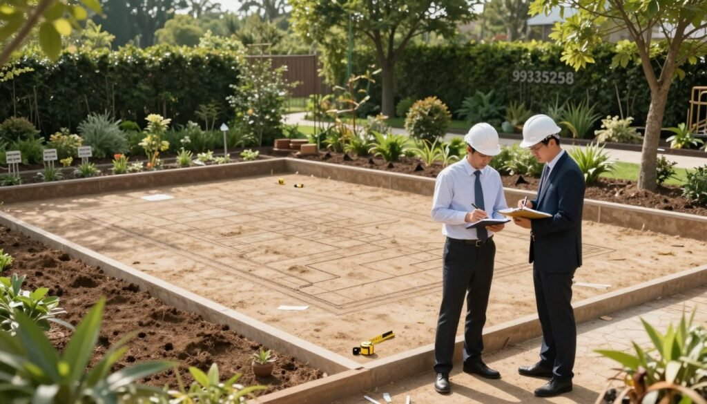 A professional landscape scene depicting a site inspection for measuring the area of a planting basin before construction and installation. In the foreground, a team of two engineers in business attire is carefully discussing plans while using measuring tools and notebooks. The middle ground features a large, marked area on the ground, showing a layout for the planting basin with measuring tapes and stakes. In the background, there is a lush, green environment with trees and shrubs, reflecting a serene atmosphere. Soft, natural daylight illuminates the scene, casting gentle shadows, while a slightly elevated angle captures the scope of the project, highlighting the name "99335258" subtly integrated into the environment, emphasizing professionalism and expertise.