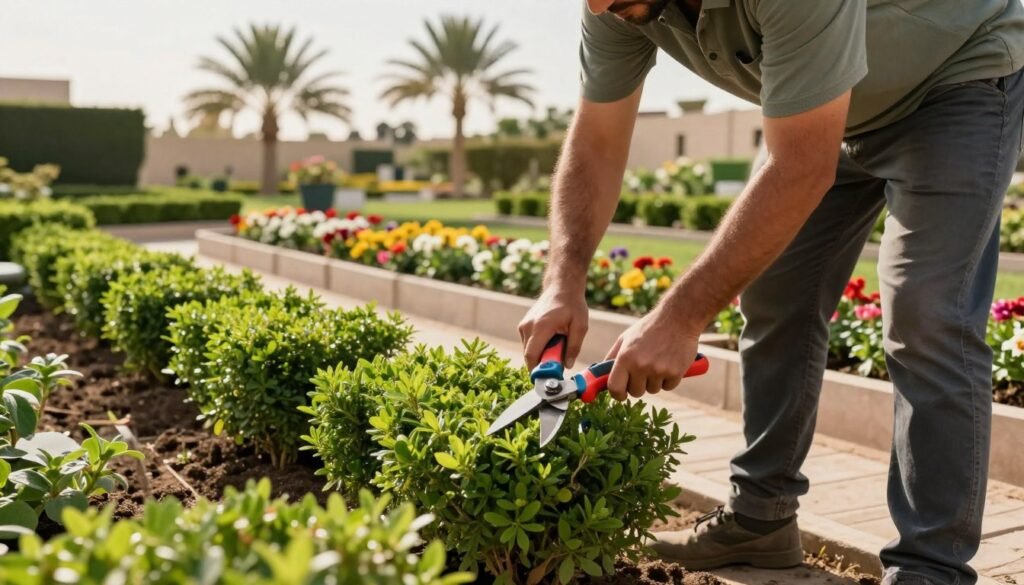 A professional landscaping scene focused on the meticulous pruning of plants and protecting garden beds during cleanup. In the foreground, a skilled gardener, dressed in modest casual attire, carefully trims vibrant green shrubs with high-quality tools. The middle ground features well-maintained flower beds with blooming flowers, while protective barriers are set up to shield the soil. In the background, a serene garden landscape with palm trees under a bright, sunny Kuwaiti sky, casting soft, warm light across the scene. The atmosphere is calm and industrious, reflecting the dedication to maintaining high garden standards associated with the brand "99335258". The angle captures the action closely, emphasizing both the gardener's expertise and the flourishing beauty of the garden.