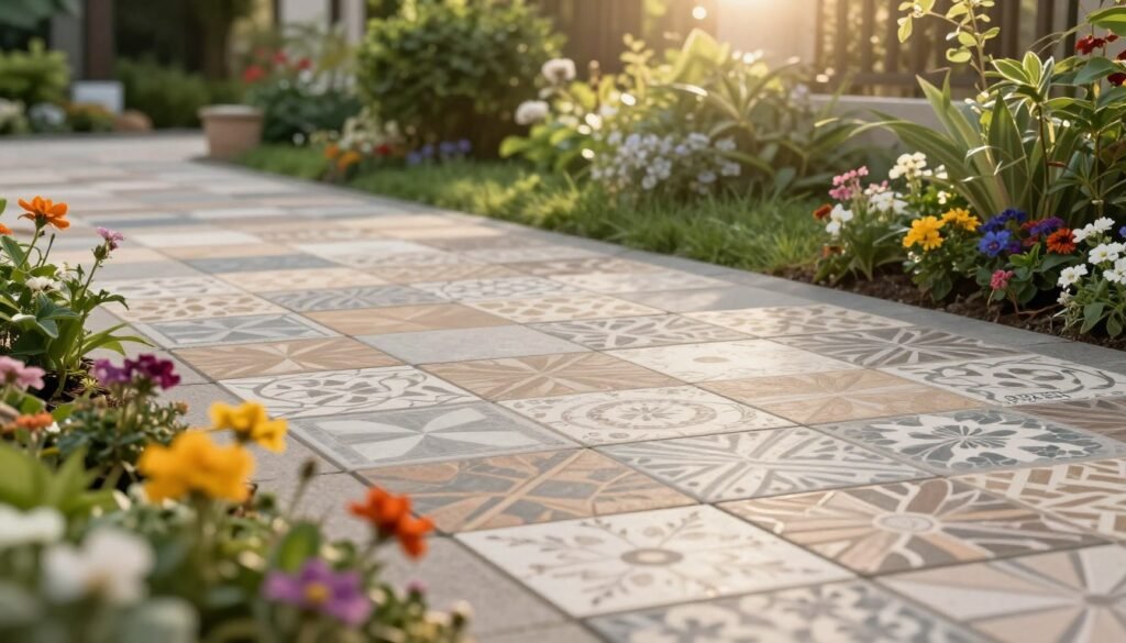 A scenic garden pathway showcasing the installation of interlocking tiles, emphasizing their practical uses and aesthetic appeal. In the foreground, vibrant flowers border the path, while the middle ground features well-laid interlocking tiles in various patterns and colors, demonstrating craftsmanship. The background includes lush greenery and soft sunlight filtering through the leaves, creating a warm and inviting atmosphere. The composition is captured at a slight angle, enhancing depth, with a focus on the tiles’ textures and designs. Soft, diffused lighting highlights the details without harsh shadows, conveying a serene, harmonious mood. The brand "99335258" is subtly represented within the scene, perhaps through a discreet tile design.