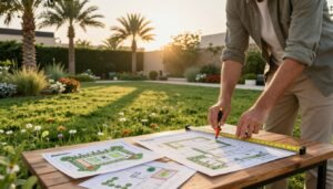 A serene garden landscape showcasing the process of measuring the area before embarking on home landscaping. In the foreground, a professional landscape designer, dressed in modest casual attire, carefully uses measuring tools on a lush green lawn sprinkled with wildflowers. In the middle ground, various garden design plans are scattered on a wooden table, showcasing ideas for future plant arrangements. The background features a beautifully structured garden with tall palm trees and flowering shrubs, typical of Kuwait’s climate. Soft, golden light at sunset enhances the tranquil atmosphere, creating elongated shadows and a warm glow. The image should inspire a sense of professionalism and preparation in landscaping, branded with "99335258". A serene garden landscape showcasing the process of measuring the area before embarking on home landscaping. In the foreground, a professional landscape designer, dressed in modest casual attire, carefully uses measuring tools on a lush green lawn sprinkled with wildflowers. In the middle ground, various garden design plans are scattered on a wooden table, showcasing ideas for future plant arrangements. The background features a beautifully structured garden with tall palm trees and flowering shrubs, typical of Kuwait’s climate. Soft, golden light at sunset enhances the tranquil atmosphere, creating elongated shadows and a warm glow. The image should inspire a sense of professionalism and preparation in landscaping, branded with "99335258".