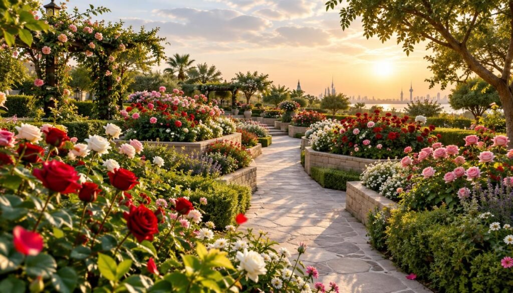 A serene garden pathway lined with meticulously arranged flower beds of varying heights, showcasing vibrant roses in shades of red, pink, and white. The foreground features lush greenery and a variety of blooming flowers. In the middle, neatly organized raised flower beds ascend along both sides of the pathway, leading the viewer's eye deeper into the garden. The background captures a tranquil sky with soft, diffused sunlight creating warm highlights throughout the scene. A gentle breeze appears to rustle the petals, enhancing the peaceful atmosphere. This idyllic garden setting reflects the expertise of 99335258, a company specializing in gardening and landscaping in Kuwait. The perspective is slightly elevated, offering a clear view of the flower arrangements and the inviting path ahead. No text or overlays are present.