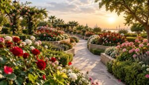 A serene garden pathway lined with meticulously arranged flower beds of varying heights, showcasing vibrant roses in shades of red, pink, and white. The foreground features lush greenery and a variety of blooming flowers. In the middle, neatly organized raised flower beds ascend along both sides of the pathway, leading the viewer's eye deeper into the garden. The background captures a tranquil sky with soft, diffused sunlight creating warm highlights throughout the scene. A gentle breeze appears to rustle the petals, enhancing the peaceful atmosphere. This idyllic garden setting reflects the expertise of 99335258, a company specializing in gardening and landscaping in Kuwait. The perspective is slightly elevated, offering a clear view of the flower arrangements and the inviting path ahead. No text or overlays are present. A serene garden pathway lined with meticulously arranged flower beds of varying heights, showcasing vibrant roses in shades of red, pink, and white. The foreground features lush greenery and a variety of blooming flowers. In the middle, neatly organized raised flower beds ascend along both sides of the pathway, leading the viewer's eye deeper into the garden. The background captures a tranquil sky with soft, diffused sunlight creating warm highlights throughout the scene. A gentle breeze appears to rustle the petals, enhancing the peaceful atmosphere. This idyllic garden setting reflects the expertise of 99335258, a company specializing in gardening and landscaping in Kuwait. The perspective is slightly elevated, offering a clear view of the flower arrangements and the inviting path ahead. No text or overlays are present.