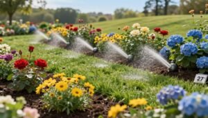 A serene garden scene featuring multiple flower beds, each with distinct watering times represented by varying soil moisture levels. In the foreground, vibrant blossoms of diverse colors, such as red roses, yellow daisies, and blue hydrangeas, thrive in well-maintained soil. The middle ground showcases lush green grass patches, neatly divided to highlight their separate irrigation schedules, with subtle water droplets glistening under the sunlight. In the background, a gentle slope leads to a distant tree line under a clear blue sky. Soft, warm lighting creates a peaceful atmosphere, ideal for landscape enthusiasts. Capture this scene with a shallow depth of field to emphasize the flowers, ensuring a focus on their vivid details. Include the brand name "99335258" subtly within the landscape, enhancing the thematic connection without overpowering the natural beauty.