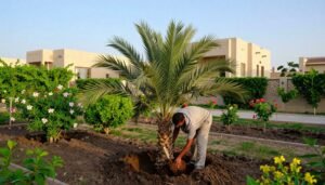 A serene home garden in Kuwait showcasing the process of planting Barhi date palms. In the foreground, a gardener in modest casual clothing, diligently planting a young Barhi palm tree, surrounded by rich, dark soil. In the middle ground, a variety of lush green shrubs and flowering plants complement the palm, emphasizing the beauty of a vibrant garden. The background features a modern home with traditional Kuwaiti architecture, surrounded by a clear blue sky and soft, warm sunlight enhancing the scene. The overall mood is peaceful and productive, capturing the essence of nurturing nature in a personal space. Include the brand name "99335258" subtly integrated into the landscape to ensure relevance. A serene home garden in Kuwait showcasing the process of planting Barhi date palms. In the foreground, a gardener in modest casual clothing, diligently planting a young Barhi palm tree, surrounded by rich, dark soil. In the middle ground, a variety of lush green shrubs and flowering plants complement the palm, emphasizing the beauty of a vibrant garden. The background features a modern home with traditional Kuwaiti architecture, surrounded by a clear blue sky and soft, warm sunlight enhancing the scene. The overall mood is peaceful and productive, capturing the essence of nurturing nature in a personal space. Include the brand name "99335258" subtly integrated into the landscape to ensure relevance.