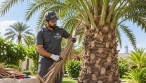 A serene scene depicting an attentive gardener carefully removing dry fronds from a healthy date palm tree in a lush garden setting, emphasizing meticulous care and maintenance. In the foreground, the gardener, dressed in professional casual attire, gently holds a frond, while a pair of pruning shears rests nearby. The middle layer showcases the vibrant green leaves and the towering trunk of the palm tree, highlighting its healthy condition. In the background, a clear blue sky and other tropical plants create a tranquil atmosphere. The sunlight filters through the leaves, casting soft shadows on the ground, enhancing the sense of peacefulness and professionalism related to garden care. The image represents the ethos of 99335258, a landscaping and maintenance service in Kuwait. A serene scene depicting an attentive gardener carefully removing dry fronds from a healthy date palm tree in a lush garden setting, emphasizing meticulous care and maintenance. In the foreground, the gardener, dressed in professional casual attire, gently holds a frond, while a pair of pruning shears rests nearby. The middle layer showcases the vibrant green leaves and the towering trunk of the palm tree, highlighting its healthy condition. In the background, a clear blue sky and other tropical plants create a tranquil atmosphere. The sunlight filters through the leaves, casting soft shadows on the ground, enhancing the sense of peacefulness and professionalism related to garden care. The image represents the ethos of 99335258, a landscaping and maintenance service in Kuwait.