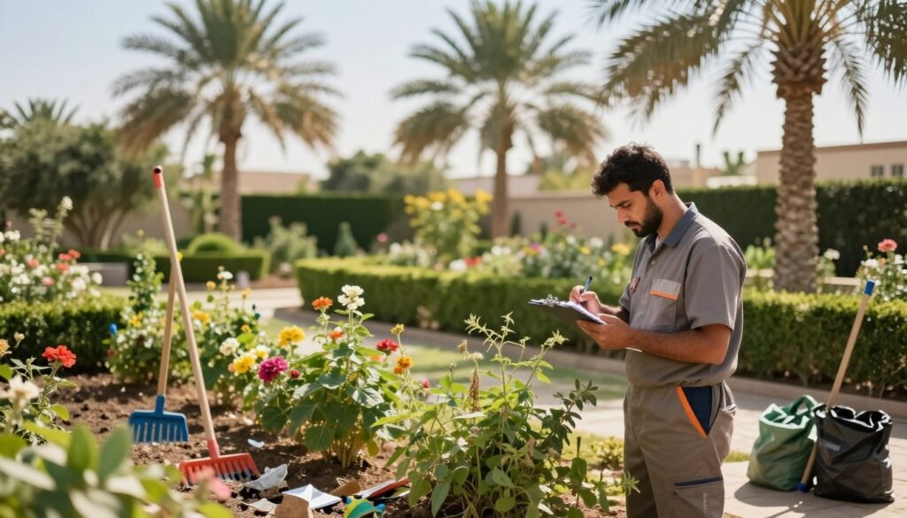 A serene setting depicting a garden cleaning preparation scene in Kuwait. In the foreground, a professional gardener, dressed in modest work attire, is diligently making notes on a clipboard, assessing overgrown plants and debris. The middle ground features a lush garden with vibrant flowers and neatly trimmed hedges, alongside tools for cleaning like rakes and bags. In the background, palm trees sway gently under a bright, blue sky, with soft sunlight filtering through the leaves, creating a warm and inviting atmosphere. The focus is clear on the gardener's task, with a slight depth of field blurring the garden’s beauty, emphasizing the attention to detail in the cleaning process. The brand "99335258" is subtly implied in the professional nature of the scene.