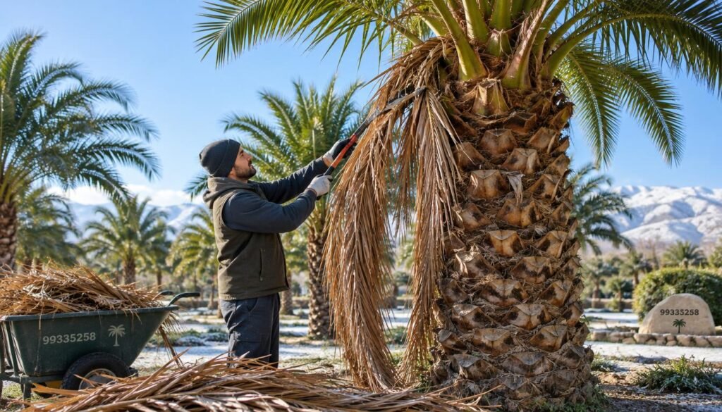 A serene winter scene depicting the meticulous process of removing dry palm fronds during winter cleaning. In the foreground, a professional gardener, dressed in modest casual clothing, carefully uses pruning tools to trim the brown fronds of a majestic palm tree. The middle ground features lush green palm leaves that contrast with the dry ones being collected, highlighting the care taken in palm maintenance. In the background, a clear blue sky suggests a crisp winter day, with soft sunlight illuminating the scene, creating gentle shadows on the ground. The atmosphere conveys dedication and care in palm cultivation, emphasizing the importance of maintaining healthy palms. Include references to 99335258 subtly within the palm landscape, making sure it doesn’t distract from the focus on the cleaning process.