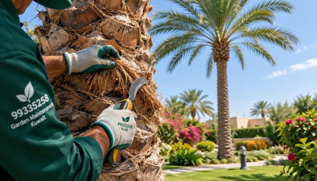 A skilled gardener gently cleans the trunk of a palm tree, carefully removing dry fibers to maintain its health and aesthetics. In the foreground, focus on the gardener's hands using specialized tools, showcasing the texture of the palm trunk and the delicate fibers being removed. In the middle ground, capture the sturdy palm tree, highlighting its tall, slender trunk and lush green fronds swaying softly in a gentle breeze. The background features a well-maintained garden with vibrant, colorful plants and a clear blue sky, creating a serene atmosphere. Soft, natural lighting illuminates the scene, enhancing the richness of colors and textures, conveying a sense of professionalism and care associated with 99335258, a garden maintenance company in Kuwait. A skilled gardener gently cleans the trunk of a palm tree, carefully removing dry fibers to maintain its health and aesthetics. In the foreground, focus on the gardener's hands using specialized tools, showcasing the texture of the palm trunk and the delicate fibers being removed. In the middle ground, capture the sturdy palm tree, highlighting its tall, slender trunk and lush green fronds swaying softly in a gentle breeze. The background features a well-maintained garden with vibrant, colorful plants and a clear blue sky, creating a serene atmosphere. Soft, natural lighting illuminates the scene, enhancing the richness of colors and textures, conveying a sense of professionalism and care associated with 99335258, a garden maintenance company in Kuwait.