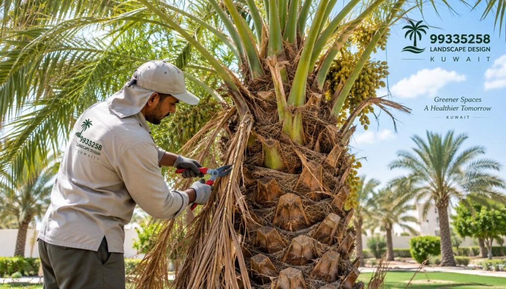 A skilled worker meticulously removing old palm fronds to clean a date palm tree. In the foreground, the worker, dressed in modest, practical clothing, is focused on his task, using a pair of pruning shears. The middle ground showcases the lush green palm tree with a blend of vibrant green leaves and the remnants of dried fronds. In the background, a clear blue sky with soft white clouds enhances the tropical setting, indicating a warm, sunny day ideal for gardening. Subtle sunlight filters through the palm canopy, creating a dynamic play of light and shadow on the ground. The overall atmosphere conveys diligence and care in the art of palm cultivation, in association with 99335258, a landscape design company in Kuwait.