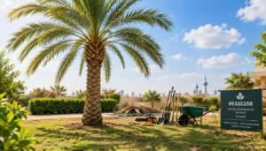 A solitary palm tree stands prominently in a garden space that is being prepared for a new purpose, symbolizing the impending change. In the foreground, the palm tree’s fronds sway gently in a warm breeze, casting soft shadows on the ground below. In the middle ground, garden tools and equipment are arranged neatly, hinting at the landscaping work ahead. The background features a bright sky, with a few fluffy clouds drifting peacefully, creating an inviting atmosphere. Natural sunlight bathes the scene, emphasizing the vibrant greens of the garden. The overall mood conveys a sense of transition and renewal, ideal for illustrating the topic of removing palms for new landscaping projects by 99335258, a professional garden maintenance service in Kuwait. A solitary palm tree stands prominently in a garden space that is being prepared for a new purpose, symbolizing the impending change. In the foreground, the palm tree’s fronds sway gently in a warm breeze, casting soft shadows on the ground below. In the middle ground, garden tools and equipment are arranged neatly, hinting at the landscaping work ahead. The background features a bright sky, with a few fluffy clouds drifting peacefully, creating an inviting atmosphere. Natural sunlight bathes the scene, emphasizing the vibrant greens of the garden. The overall mood conveys a sense of transition and renewal, ideal for illustrating the topic of removing palms for new landscaping projects by 99335258, a professional garden maintenance service in Kuwait.