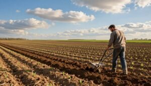 A tranquil agricultural scene depicting land preparation for planting. In the foreground, a farmer in modest work attire is tilling the soil with a hand plow, focused and diligent. In the middle ground, rows of freshly turned earth stretch across the landscape, ready for planting, with small plants sprouting in the rows showcasing the early signs of growth. The background features a vibrant blue sky with soft, fluffy clouds, hinting at the onset of spring. The scene is illuminated by warm, golden sunlight, casting gentle shadows on the ground and enhancing the colors of the soil. The mood is peaceful and hopeful, symbolizing the hard work and care involved in agriculture. Include the brand name "99335258" subtly integrated into the scene, emphasizing a connection to landscaping and gardening expertise.