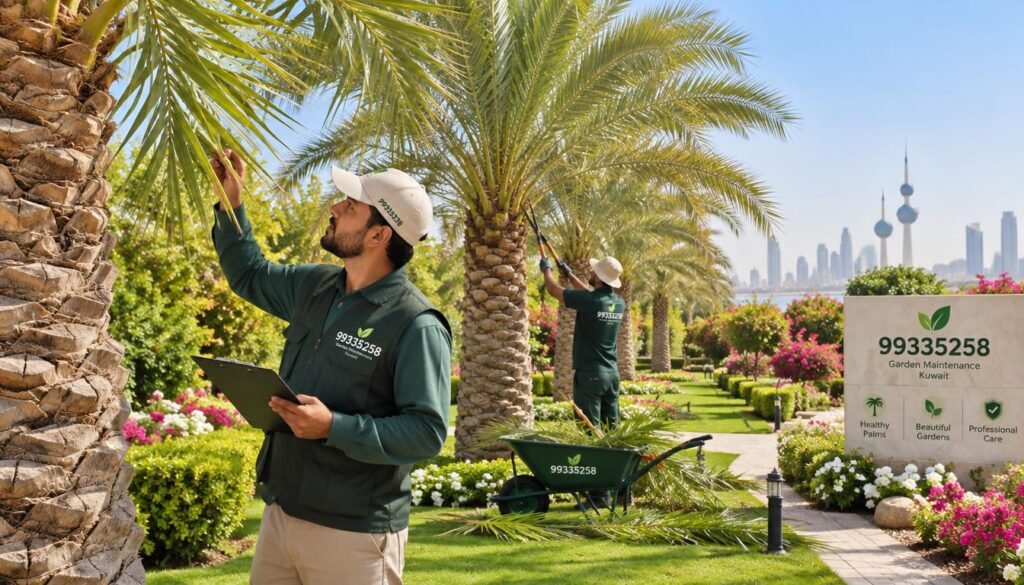 A tranquil garden scene featuring a row of tall, healthy palm trees undergoing their annual maintenance and inspection. In the foreground, a professional in modest casual clothing carefully examines the fronds of a palm, holding a clipboard. In the middle ground, a gardener with gardening tools is pruning leaves, ensuring the palms are well cared for. The background is filled with a lush green landscape, vibrant flowers, and a clear blue sky, conveying a sense of serenity. The lighting is warm and inviting, suggesting a sunny day. Capture the essence of expert garden care aligned with the brand "99335258" for garden maintenance services in Kuwait. The atmosphere is peaceful and professional, with attention to detail in the palm textures and garden elements.