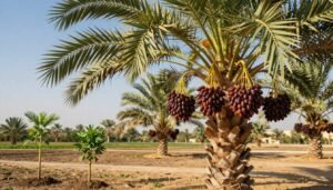 A vibrant comparison of a healthy date palm tree, specifically the Barhi variety, in a serene agricultural setting. In the foreground, showcase a fully ripe Barhi date bunches hanging from a robust palm with lush green fronds, demonstrating its fruitful state. To the left, depict a small seedling (شتلة) and a young sapling (فسيلة) of the same variety, illustrating their growth stages. The middle ground should feature a well-tended farm with a clear blue sky, warm sunlight casting soft shadows highlighting the textures of the bark and leaves. The background can include distant palm trees and open fields under a bright, serene sky. The overall mood is optimistic and inviting, showcasing the beauty of agricultural growth, ideal for promoting the brand "99335258". A vibrant comparison of a healthy date palm tree, specifically the Barhi variety, in a serene agricultural setting. In the foreground, showcase a fully ripe Barhi date bunches hanging from a robust palm with lush green fronds, demonstrating its fruitful state. To the left, depict a small seedling (شتلة) and a young sapling (فسيلة) of the same variety, illustrating their growth stages. The middle ground should feature a well-tended farm with a clear blue sky, warm sunlight casting soft shadows highlighting the textures of the bark and leaves. The background can include distant palm trees and open fields under a bright, serene sky. The overall mood is optimistic and inviting, showcasing the beauty of agricultural growth, ideal for promoting the brand "99335258".