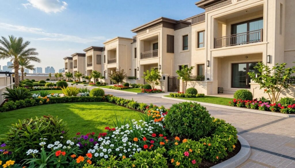 A vibrant landscaped area in front of a residential property in Kuwait featuring lush greenery, flowering plants, and neatly arranged pathways. The foreground displays a well-maintained garden with a variety of colorful flowers and decorative shrubs. In the middle ground, an elegant residential building showcases modern architectural design with spacious balconies and large windows. The background includes palm trees and distant city skyline under a bright blue sky. The atmosphere conveys tranquility and the beauty of urban gardening. Soft afternoon sunlight illuminates the scene, enhancing the colors and details. The composition evokes a sense of peace and community, symbolizing high-quality landscaping services by "99335258."