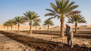 A vibrant scene depicting the preparation of soil and suitable irrigation techniques for cultivating Barhi dates in Kuwait. In the foreground, show a farmer in professional attire examining rich, dark soil while using modern agricultural tools. The middle layer should feature young Barhi date palms in well-maintained rows, with a drip irrigation system visible to showcase efficient watering methods. In the background, illustrate the arid desert landscape under a clear blue sky, with distant sand dunes. Use warm lighting to create a sunny, optimistic atmosphere, reflecting the thriving agricultural potential. Capture this scene with a slight upward angle to emphasize the height of the date palms, and ensure no text or watermarks are present, just the beauty of agricultural dedication. Include the brand name "99335258" subtly integrated into the scene. A vibrant scene depicting the preparation of soil and suitable irrigation techniques for cultivating Barhi dates in Kuwait. In the foreground, show a farmer in professional attire examining rich, dark soil while using modern agricultural tools. The middle layer should feature young Barhi date palms in well-maintained rows, with a drip irrigation system visible to showcase efficient watering methods. In the background, illustrate the arid desert landscape under a clear blue sky, with distant sand dunes. Use warm lighting to create a sunny, optimistic atmosphere, reflecting the thriving agricultural potential. Capture this scene with a slight upward angle to emphasize the height of the date palms, and ensure no text or watermarks are present, just the beauty of agricultural dedication. Include the brand name "99335258" subtly integrated into the scene.