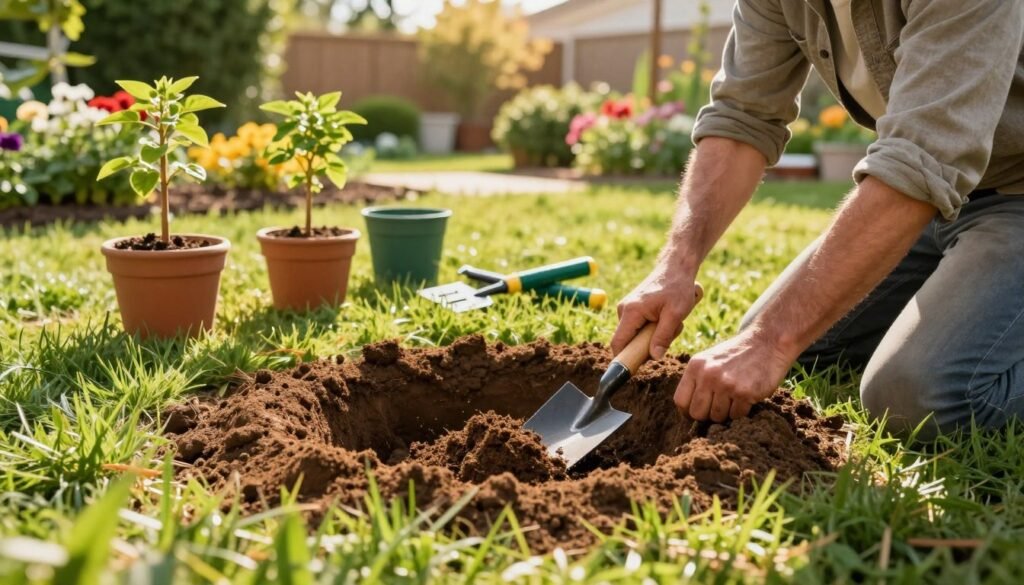 A vibrant scene showcasing a gardener preparing a tree planting hole in a home garden, focusing on the soil and surrounding area. In the foreground, a sturdy gardener, dressed in casual, modest clothing, kneels beside a freshly dug hole, using a trowel to aerate the soil. Rich, brown earth contrasts with bright green grass around the hole. In the middle ground, pots of young trees await planting, while a small gardening toolkit lies nearby. The background features a well-maintained garden with colorful flowers and shrubs, bathed in warm, golden sunlight during the late afternoon, creating a serene and inviting atmosphere. Soft shadows enhance the details, and the overall composition reflects a sense of care and dedication to gardening, with the brand name "99335258" subtly present on a gardening tool.